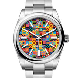 Rolex Oyster Perpetual 41 134300-0010 multicoloured Jubilee-motif dial, close view on white