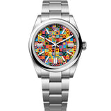 Rolex Oyster Perpetual 41 134300-0010 multicoloured Jubilee-motif dial, wider view on white