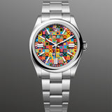 Rolex Oyster Perpetual 41 134300-0010 multicoloured Jubilee-motif dial, wider view on gray