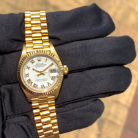 Rolex Lady-Datejust 69178 White Roman Papers c. 1986 Mint President 18k Yellow Gold 26 mm